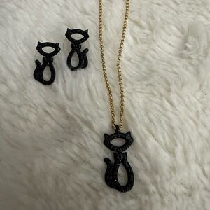 Kate Spade Jazz Things Up Pave Black Cat Necklace and Earrings